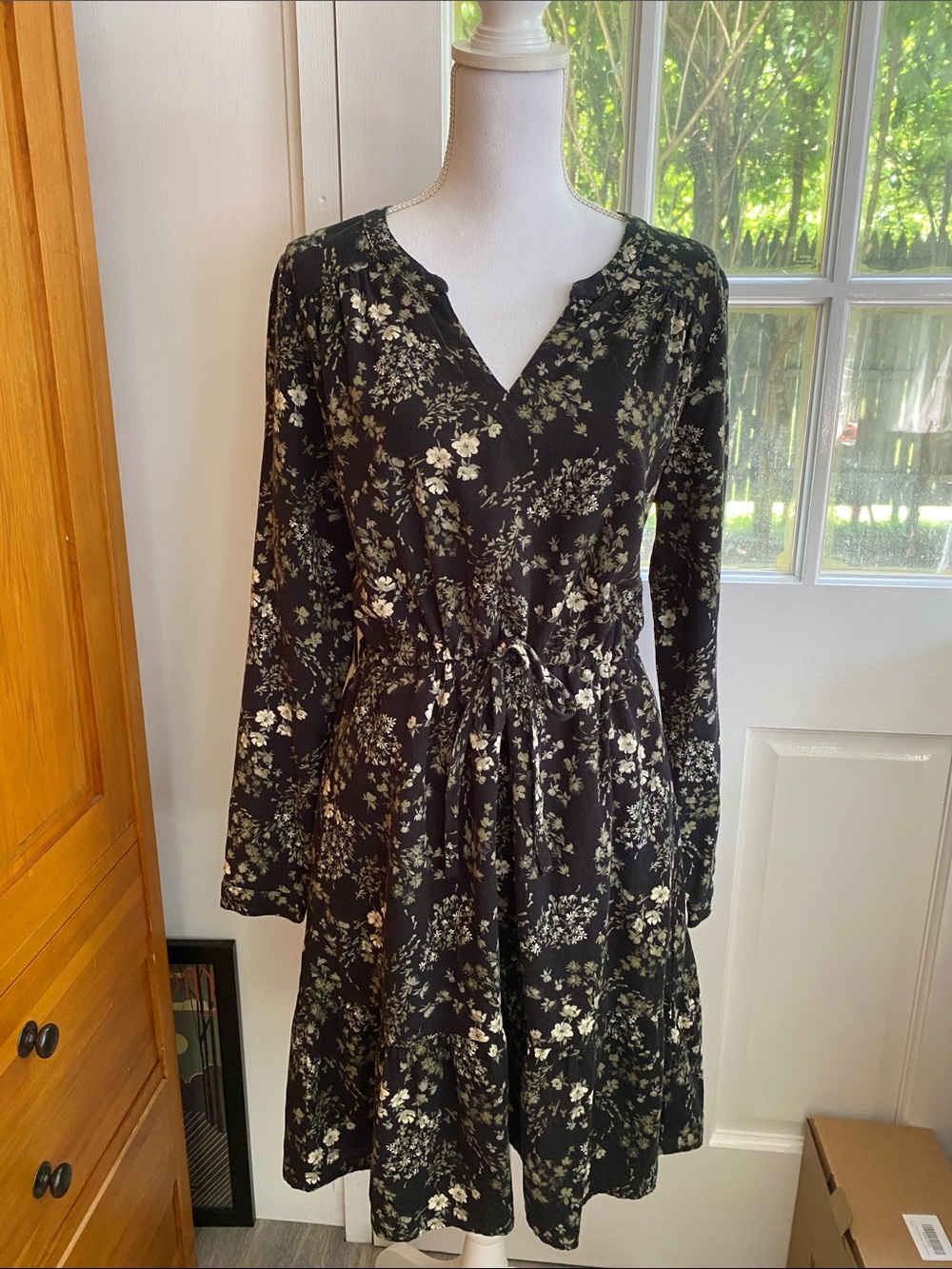 Pact Black Long-Sleeve Floral Drawstring Waist Dress